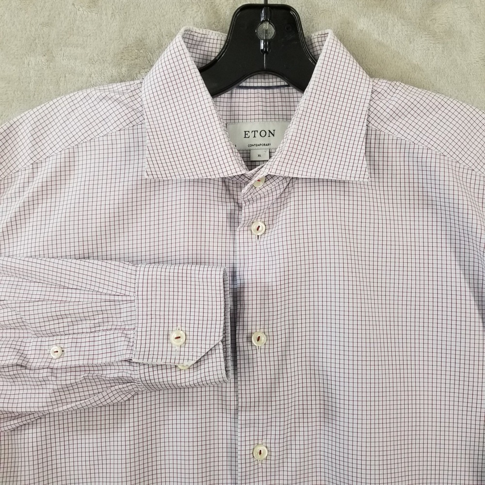 Eton Dress Shirt Men XL Red Micro Check Contemporary Fit Longβ Sleeve Business